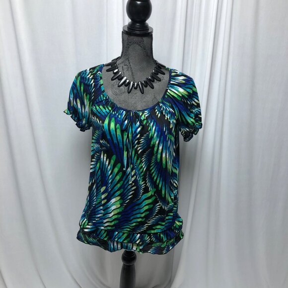 AGB Top Womens Size Small Black Blue Green Short Sleeve Scoop Neck Shirt - Picture 1 of 7